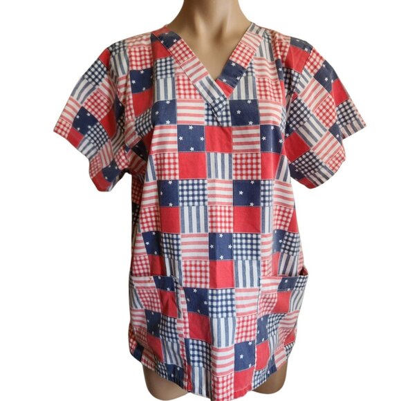 Womens Patriotic Patchwork Red White and Blue Scrub Top Front Pockets Size M - Picture 1 of 8